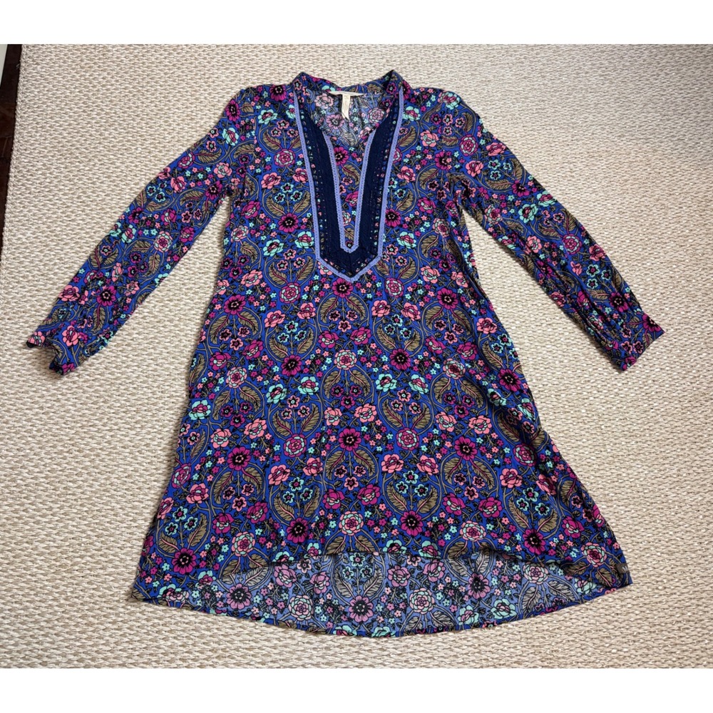 Matilda Jane XS Blue Floral Paisley Crochet Lace Trim boho Tunic Dress Coastal - Picture 2 of 6